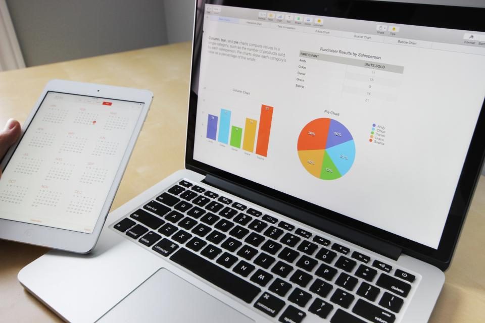 Laptop and tablet showing sales charts